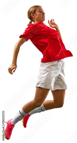 Young girl, soccer player in motion, hitting ball with chest in a jump isolated over transparent background. Concept of sport, competition, action, winner, tournament, active lifestyle