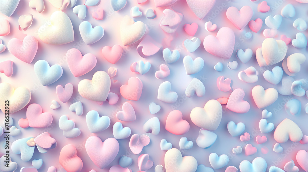 Illustration of a whimsical wallpaper with playful pastel-colored hearts scattered across the screen for Valentine's Day.