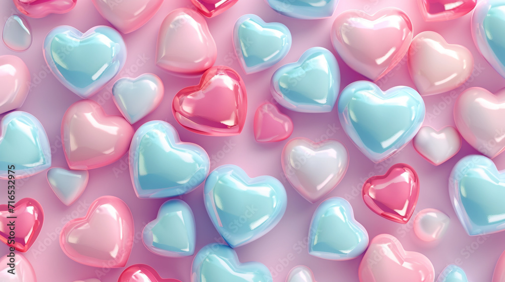 Illustration of a whimsical wallpaper with playful pastel-colored hearts scattered across the screen for Valentine's Day.