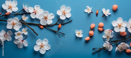 Lovely blossom and petals on turquoise backgroundbeautiful spring nature background, top view © Aliaksandra