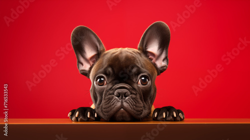 Curious French Bulldog Puppy on Red Background © LAJT