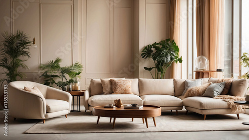 Living room interior, minimalist furniture, light beige sofa with pillows, armchair. Tropical indoor plants.