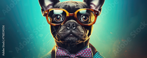 Funny dog in glasses with tie on blue background.