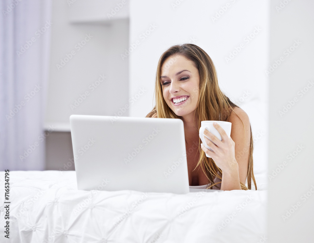 Woman, bedroom and coffee on laptop for relax, search website and registration or streaming at home. Young person online on bed with computer for morning news, social media update or reading blog Woman, bedroom and coffee on laptop for relax, search website and registration or streaming at home. Young person online on bed with computer for morning news, social media update or reading blog