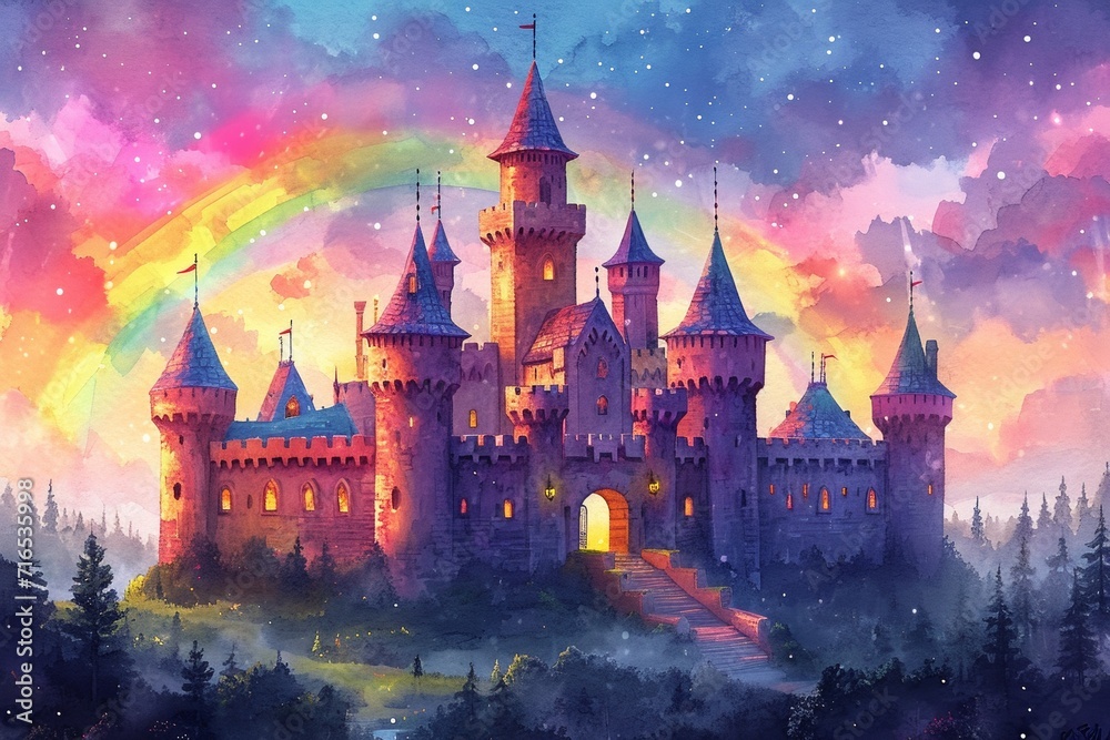 A whimsical illustration of a fairy kingdom with a beautiful castle, pink towers, and dreamlike clouds. A whimsical illustration of a fairy kingdom with a beautiful castle, pink towers, and dreamlike clouds.