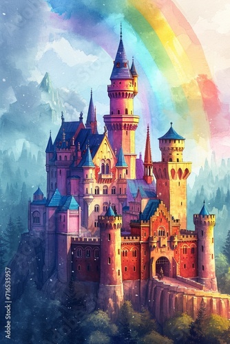 A fantasy landscape featuring a majestic castle on a hill, surrounded by a magical forest.