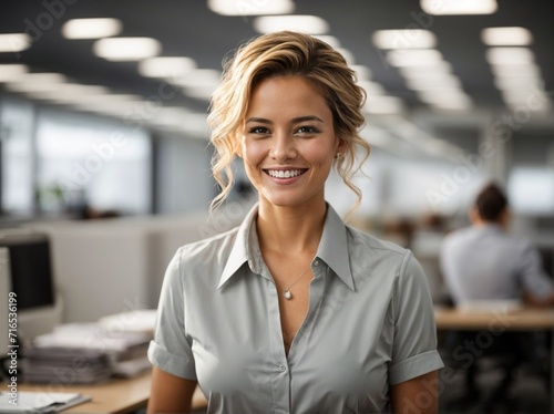 Smiling Woman Standing in Office for Camera. Generative AI.