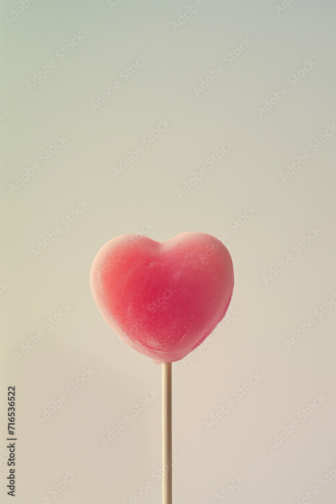 Sweet pink, tasty lollipops in the shape of a heart. A minimalistic romantic love banner with copy space, perfect for Valentine's Day expressing affection and sweetness.