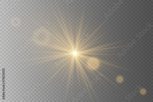 Bright beautiful golden star. Light effect and flickering flash flash. On a transparent background.