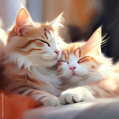 Two cats hugging each other. 2cats entwined in warm embrace  fur softly blending together in hues of orange and white  whiskers gently touching  eyes closed in contentment on blurred background. Love 