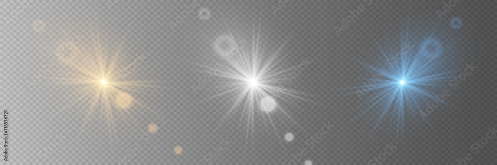 Set of glowing light stars with light effect. Glare of flashes on a transparent background.