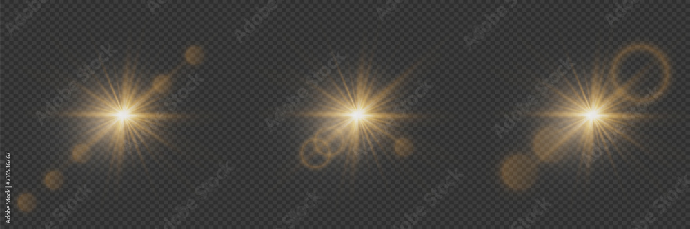 Set of shining stars and glares of light, sun particles and sparkles with effect, golden lights and sparkles. On a transparent background. Vector, EPS10