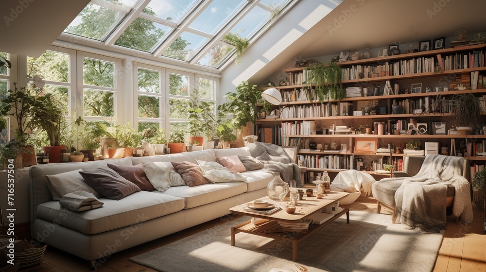 Inviting apartment interior adorned with bookshelves and indoor plants. Set in light tones with white furniture and panoramic windows, cozy and harmonious living space Inviting apartment interior adorned with bookshelves and indoor plants. Set in light tones with white furniture and panoramic windows, cozy and harmonious living space