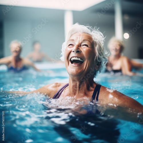 Senior woman in a swimming pool with her friends in the background. Sport Concept. Wellness Concept. WellBeing Concept.  © John Martin