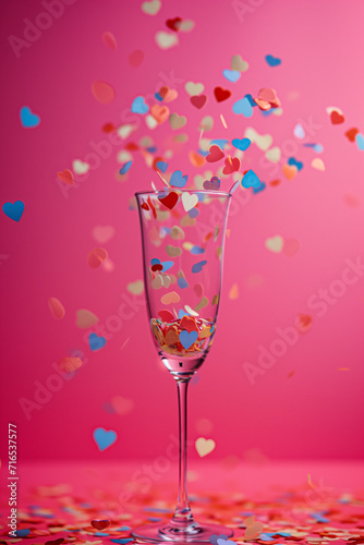 Champagne glass with falling pastel color heart shaped confetti over a blue background. Banner with copy space. Valentine's Day concept, capturing the romantic essence of the celebration.