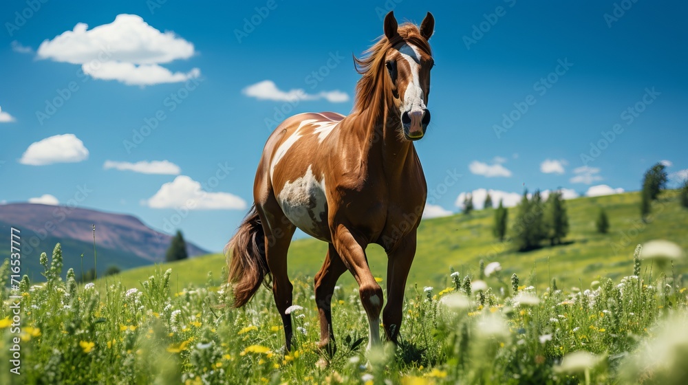 A horse walking through a green field, an endless landscape of a farmland. Concept: horse breeding, ranch. Banner with copy space
A horse walking through a green field, an endless landscape of a farmland. Concept: horse breeding, ranch. Banner with copy space