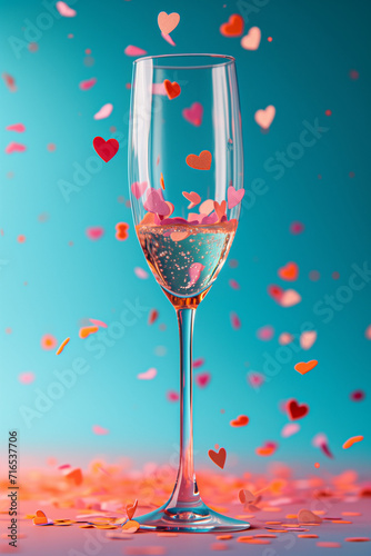 Champagne glass with falling pastel color heart shaped confetti over a blue background. Banner with copy space. Valentine's Day concept, capturing the romantic essence of the celebration.