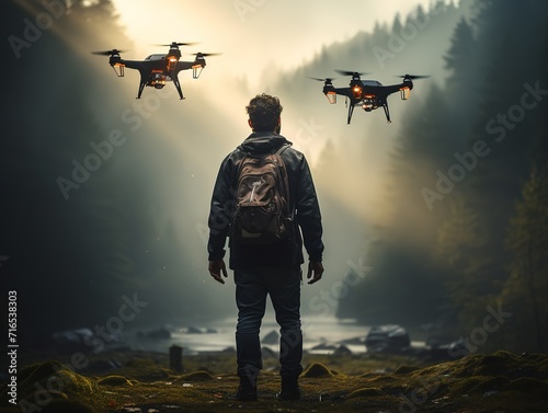 Back view of man with flying drones in nature in the forest
