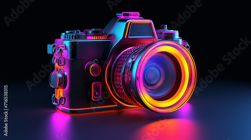 3d rendered illustration of a neon style camera photo