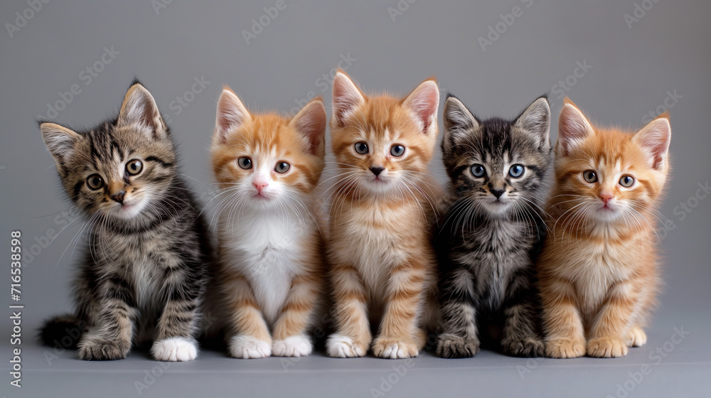 Kittens of different colors sitting next to each other on a gray background, minimalistic photo