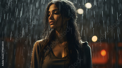 Beautiful girl stands in raindrops
