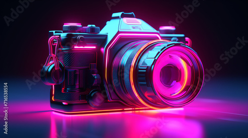 3d rendered illustration of a neon style camera photo