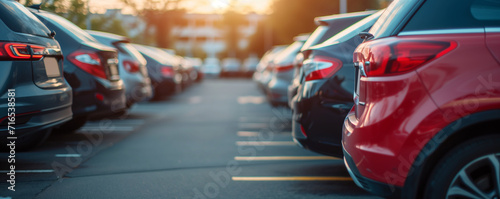 cars on the road, Car parked at outdoor parking lot. Used car for sale and rental service. Car insurance background. Automobile parking area, Ai generated image