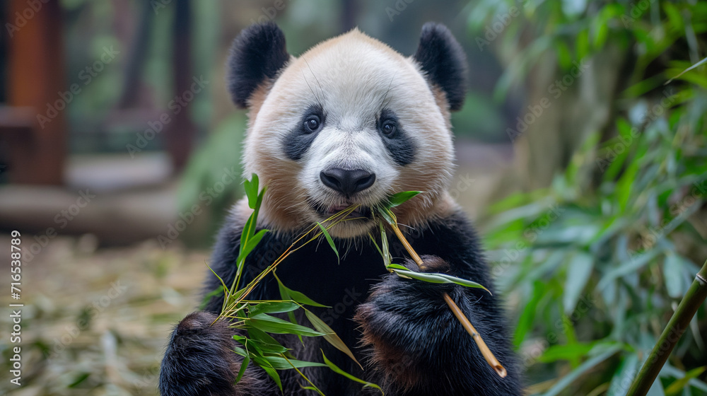 Fototapeta premium Panda eating bamboo. Cute panda bear with bamboo looking at camera