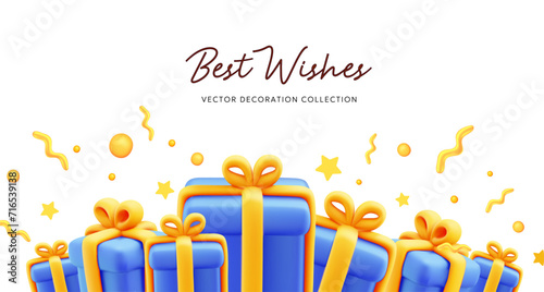 Vector illustration of realistic blue gift box with yellow ribbon and text best wishes. 3d style holiday template design of pile of present box on white color background. Festive gift surprise