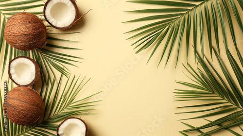 top view of a summer layout with palm leaves and coconuts and space for text in the middle