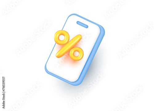 Vector illustration of blue smart phone with percent sign and shadow on white background. 3d style design of smart phone with sale sign
