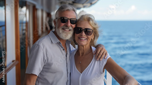 Beautiful retired senior couple enjoying cruise vacation. Senior man and woman having fun on a cruise ship. Old man and old lady travelling by sea