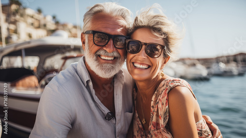 Beautiful retired senior couple enjoying cruise vacation. Senior man and woman having fun on a cruise ship. Old man and old lady travelling by sea
