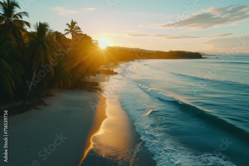 Beautiful tropical island paradise beach in sunset. Palm trees, soft white sand and turquoise water