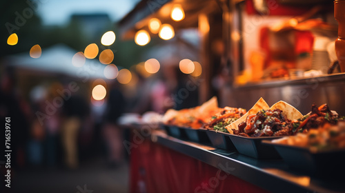street food with blurred background of food truck at city festival