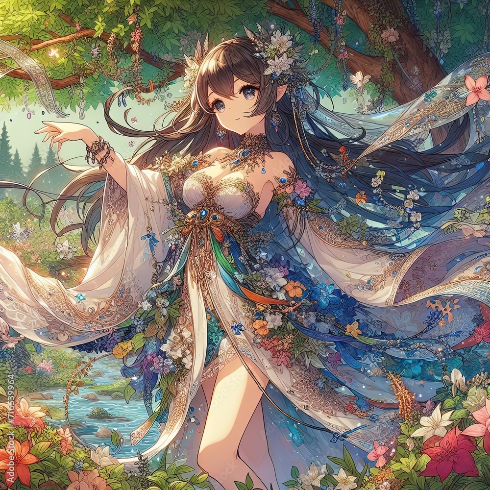 detailed illustration in anime style of a gorgeous earth goddess wearing flowy robes