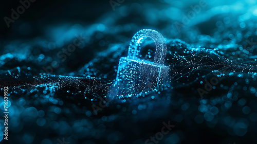 lock and key - a blue colored padlock in the form of wires on black background, in the style of dotted, fluid networks