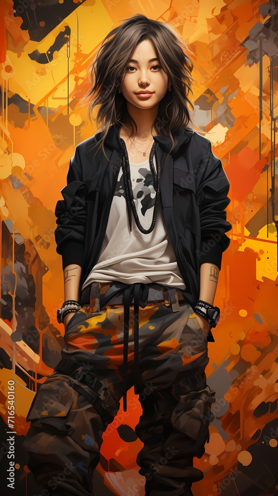 A Chinese girl with a playful smile, wearing a black graphic t-shirt, cargo pants, and chunky sneakers, poses against a gradient red and orange background with paint splatters