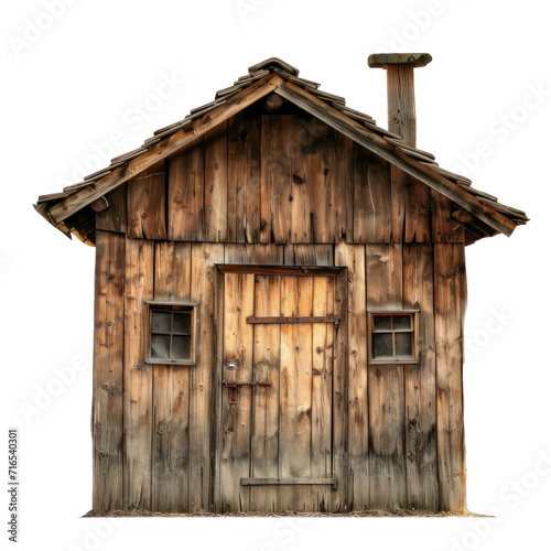 An old wooden hut, front view, transparent or isolated on white background