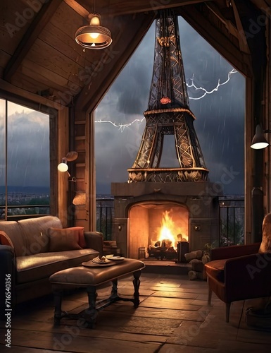 Thunderstorm with lightning  Eiffel Tower view © hallowen