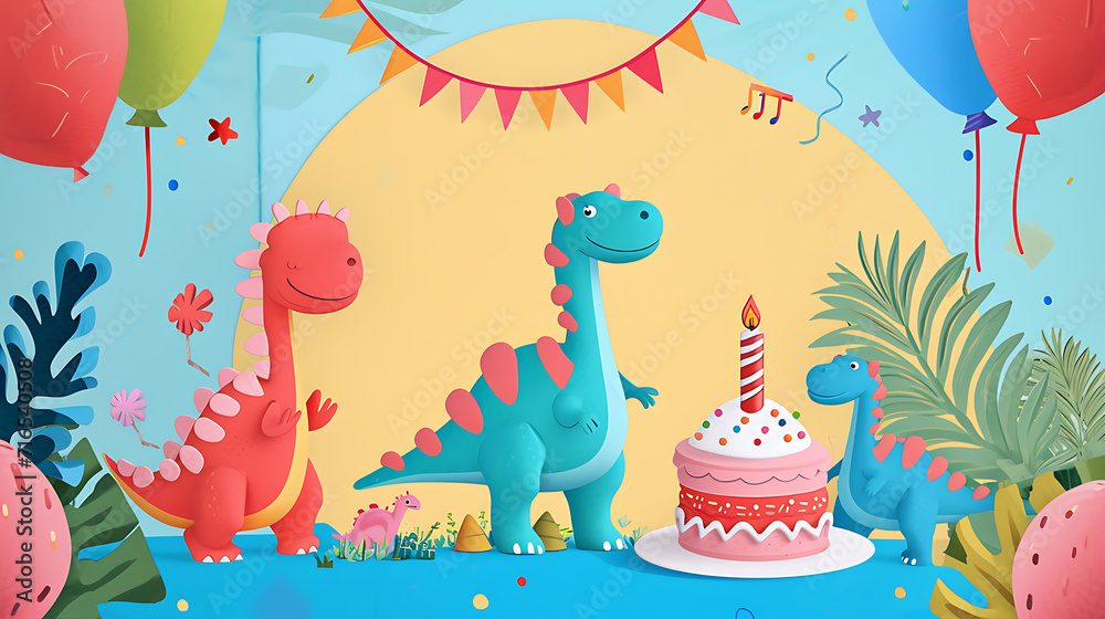 Obraz premium Celebration Galore: Children's Birthday Blank Postcard Layout with Cute balloons, cake and Dinosaurs, Perfect for Handwritten Birthday Wishes. Playful Patterns, Balloons, Confetti, and Party Hats