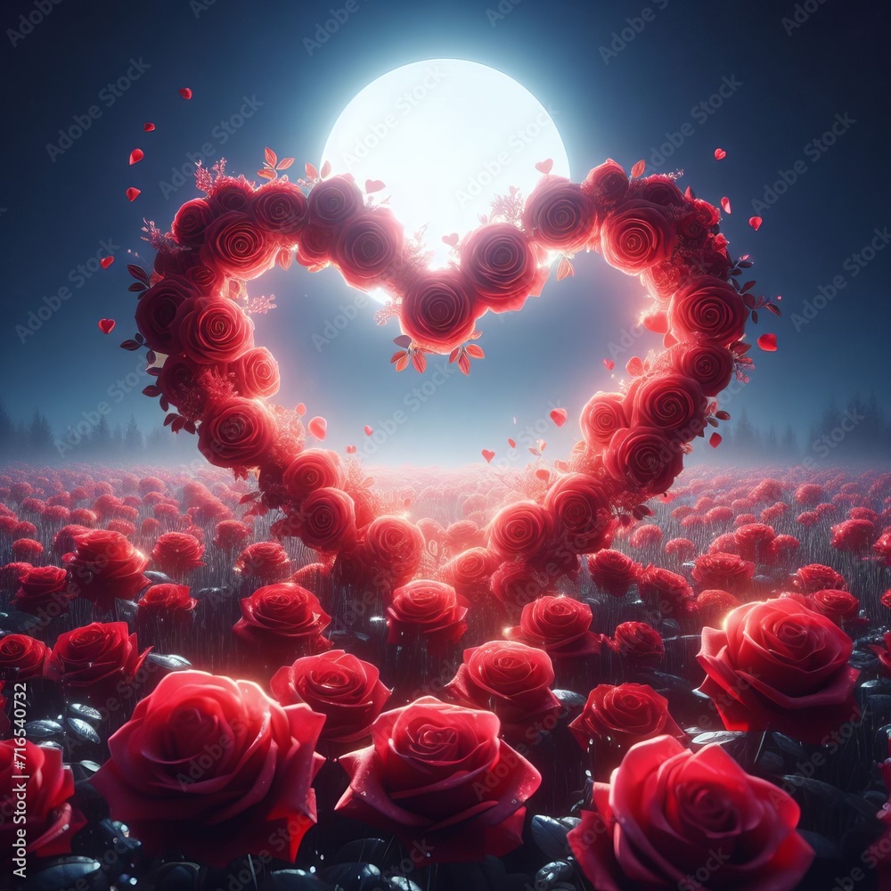 A magical heart composed of red roses floating above a field of blossoms under a full moon A magical heart composed of red roses floating above a field of blossoms under a full moon