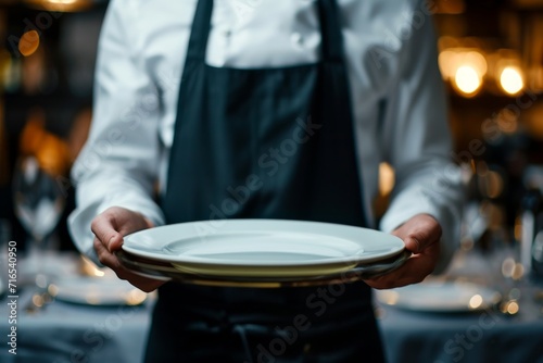 shirt and black apron holding a stack of clean white plates