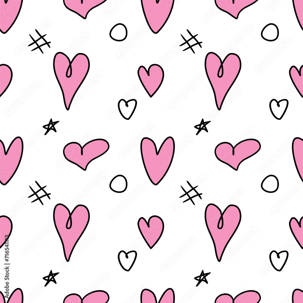Seamless abstract pattern of different pink hearts and doodles. Freehand scribble background, texture for textile, wrapping paper, Valentines day, romantic design Seamless abstract pattern of different pink hearts and doodles. Freehand scribble background, texture for textile, wrapping paper, Valentines day, romantic design