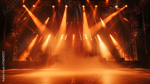 lights in the night, Empty concert stage with illuminated spotlights and smoke. Stage background with copy space. Ai generated image 