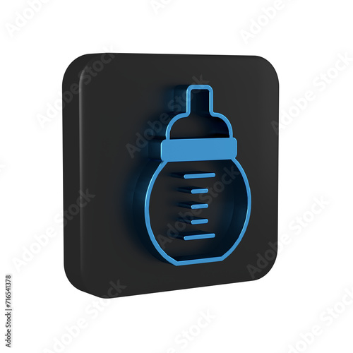 Blue Baby milk in a bottle icon isolated on transparent background. Feeding bottle icon. Black square button.