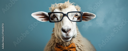 Cool sheep with sunny glasses and tie on blue background. copy space for your text.