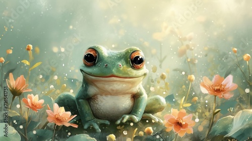 Watercolor frog illustration. Hand painted image of a cute frog. Frog clipart  wallpaper.