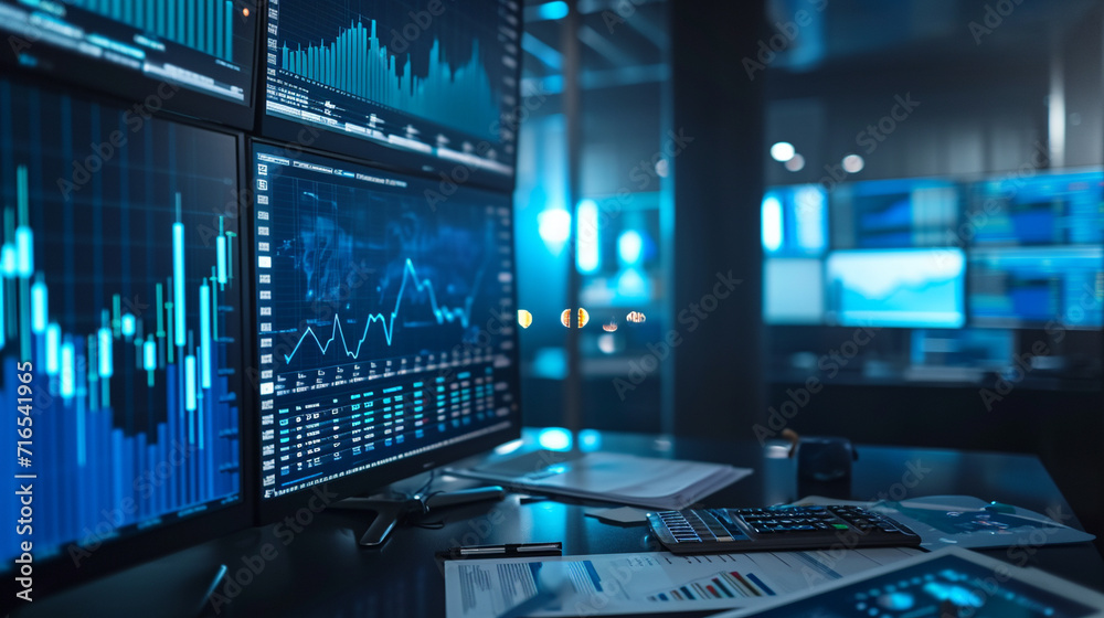 An elegant office space with a professional analyzing a series of financial reports and market graphs spread across a desk, with digital screens displaying stock exchange data in the background - obrazy, fototapety, plakaty 