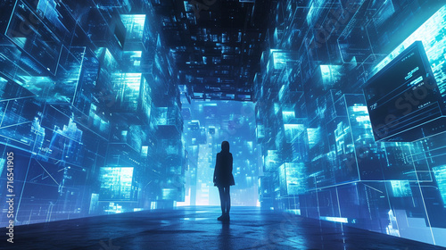 An immersive virtual environment depicting the integration of AI and digital elements into everyday user experiences The scene showcases a user navigating through a digitally transformed space, photo
